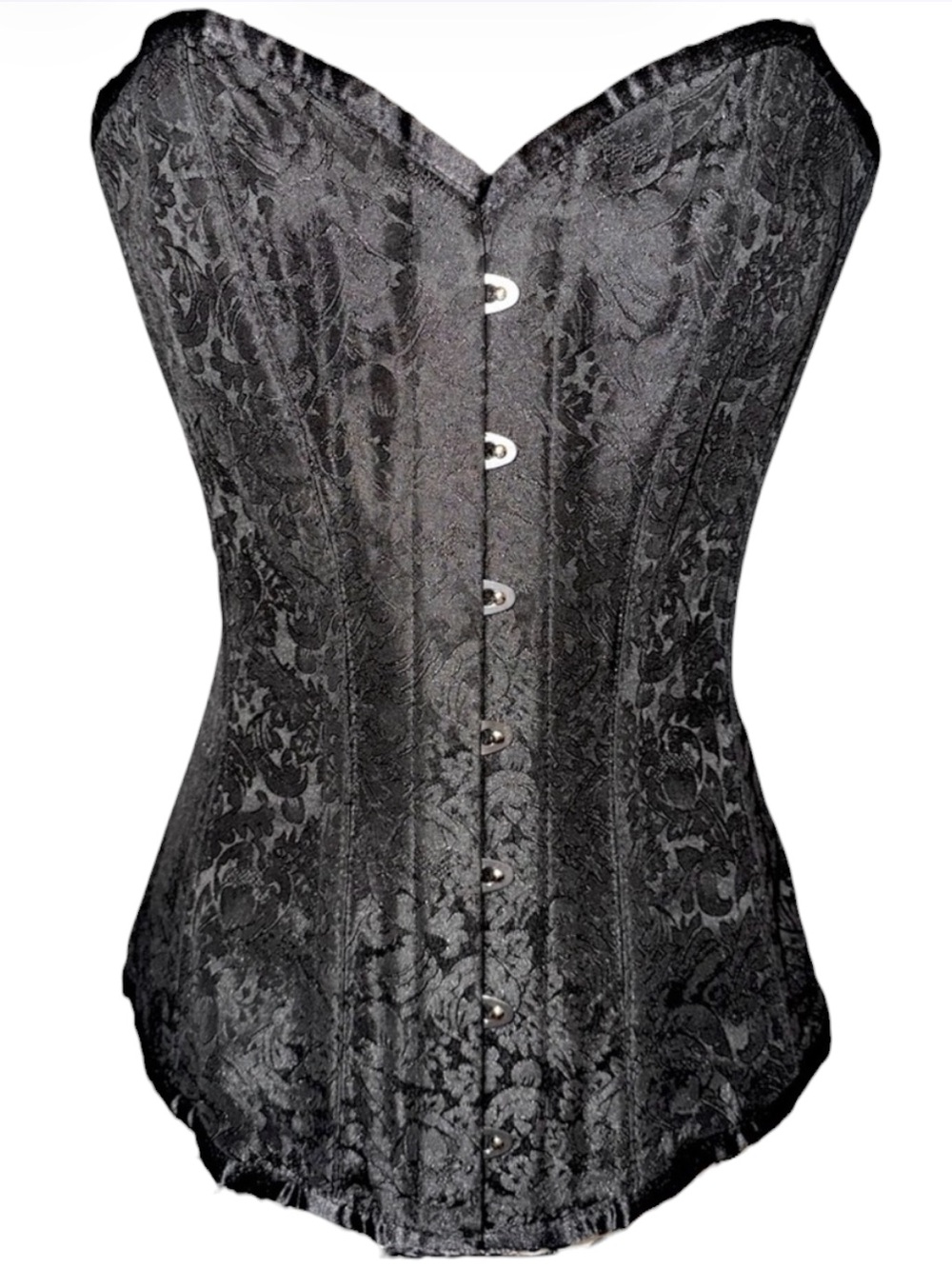 Black Jacquard Steel Boned Longline Sweetheart Neckline Corset w Sheer Tie Sash